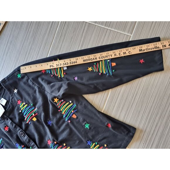 Michael Simon Christmas 1XL Womens Cardigan Sweater Button Black Embroidered - Picture 8 of 9